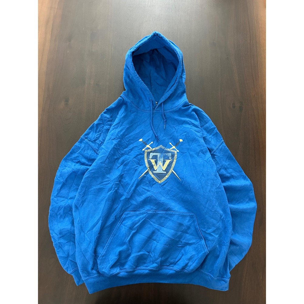 Gildan Heavy Blend Blue Hoodie Shield Swords Graphic Pullover Mens XL